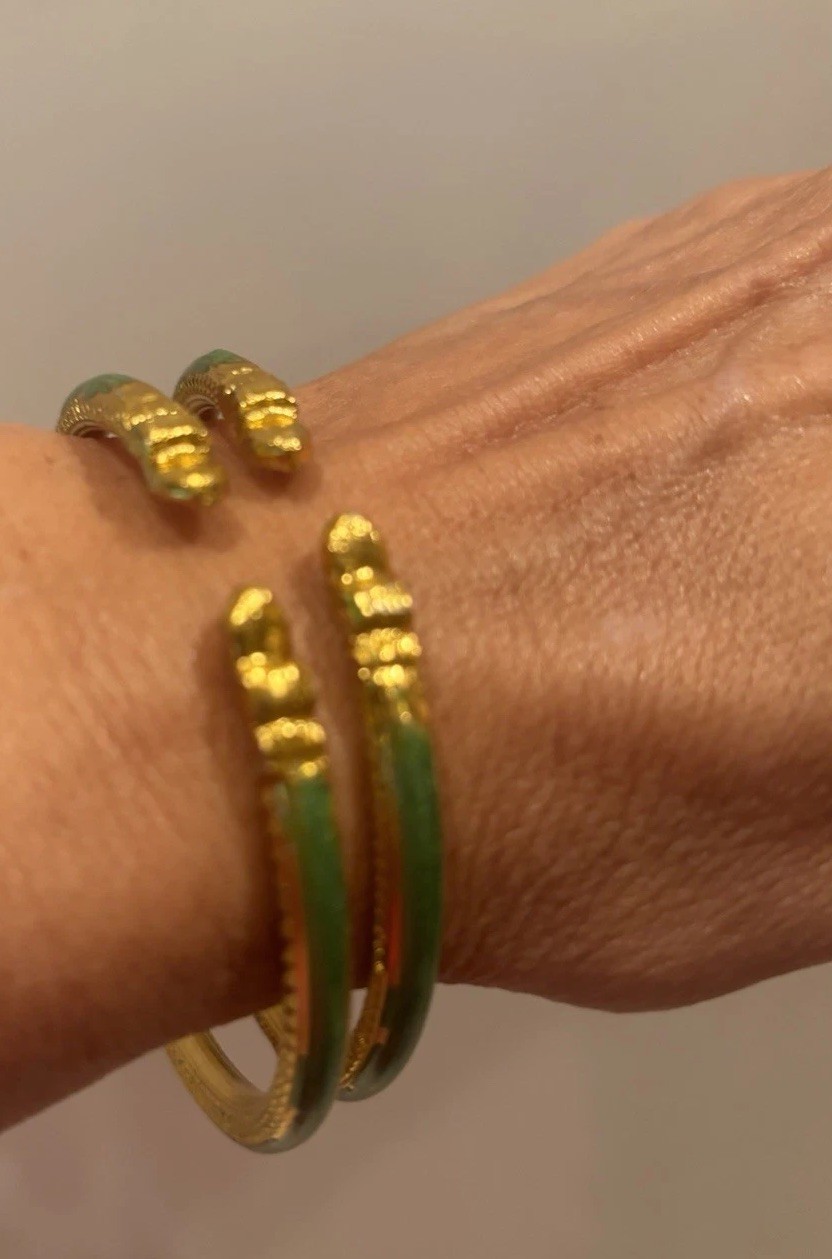 Enamel Open Cuff Bracelet with Snake Like Ends / Lime Green
