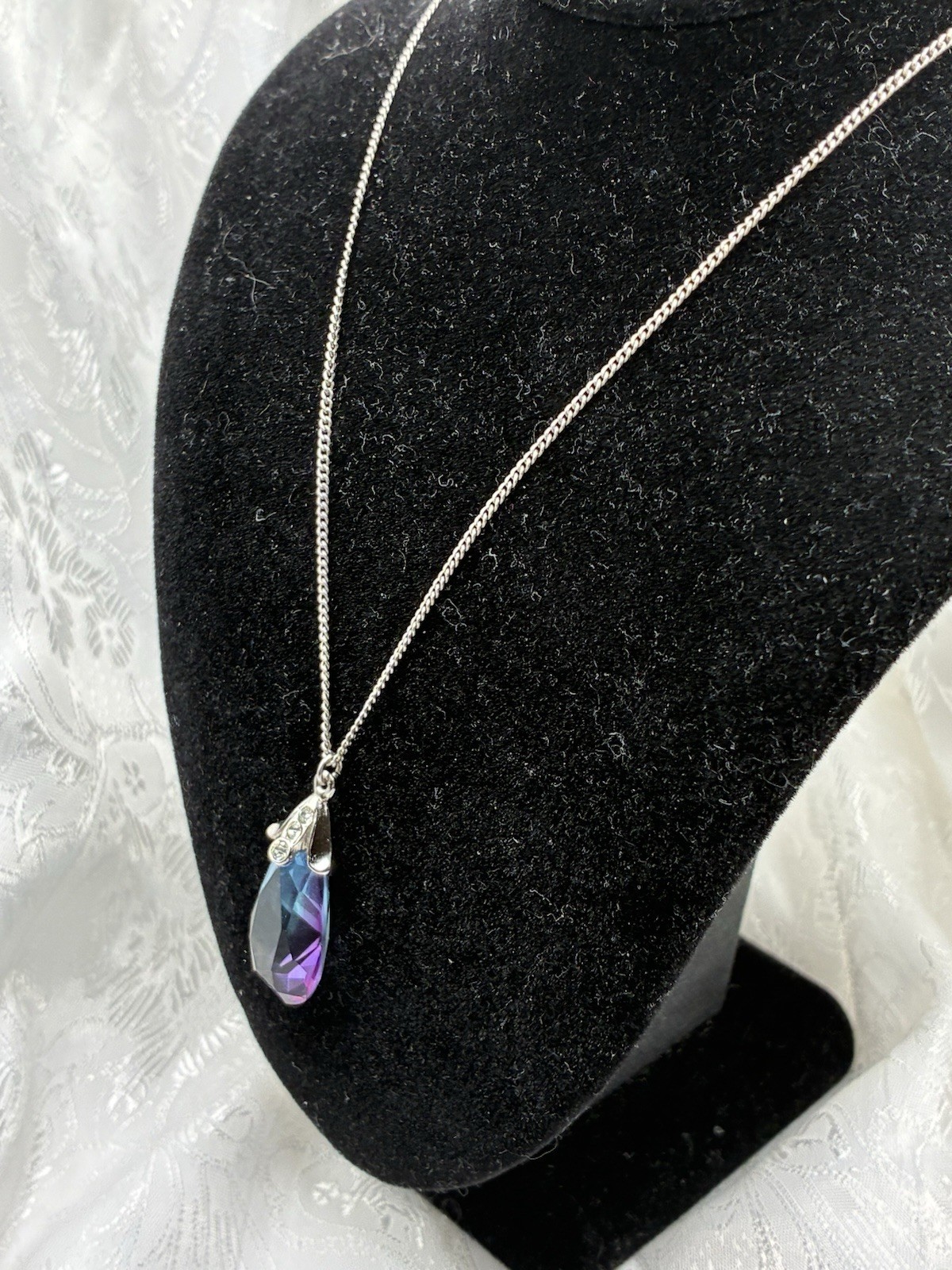 Vintage Purple/Blue Faceted Pear-Shape, CZ Bail Crystal Pendant On 925 18” Chain