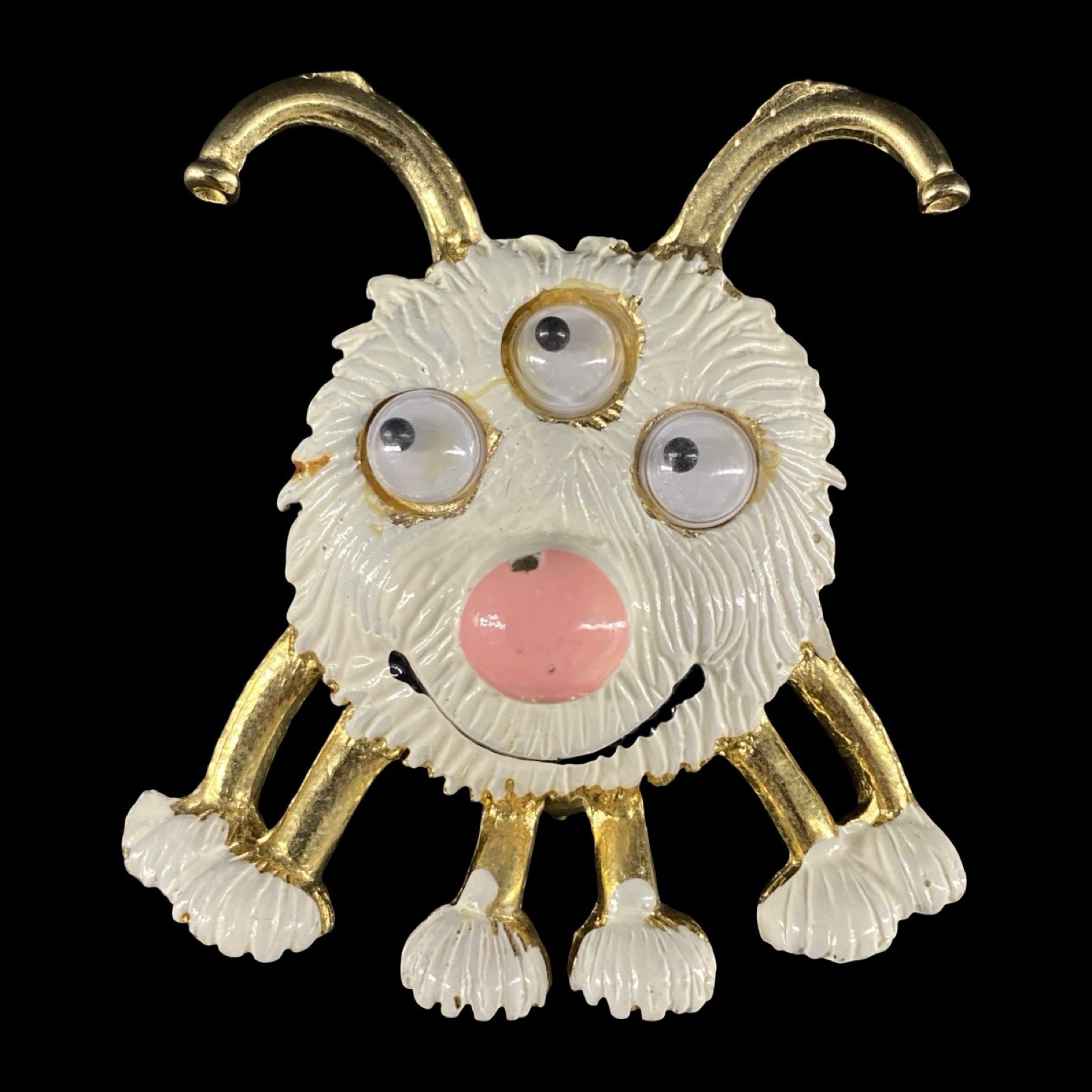 Signed 1971 Enamel Gold Tone Brooch 3-Eyed Monster 6-Legs Wiggle Eyes Antenna