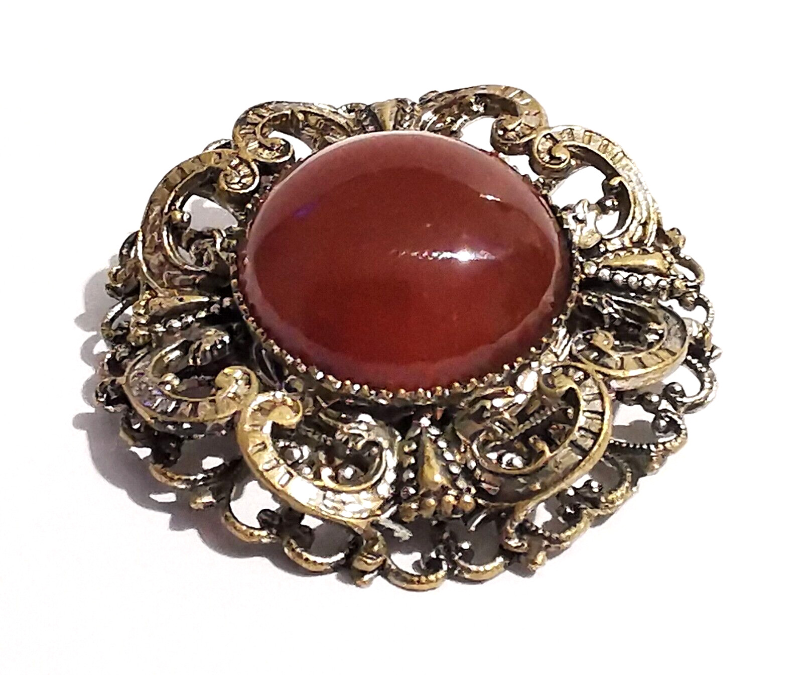 Vintage Czech Brown Glass Brooch Pin Silvered Brass Ornaments Dragon Handmade