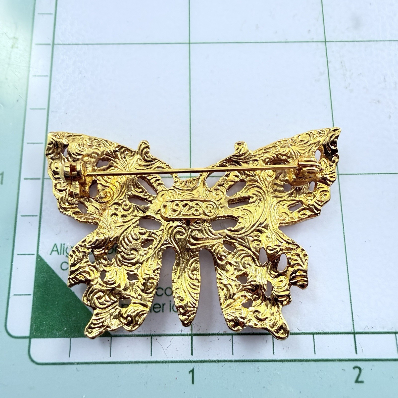Vintage 1928 Brand Rhinestone Butterfly Brooch Gold Tone Pin