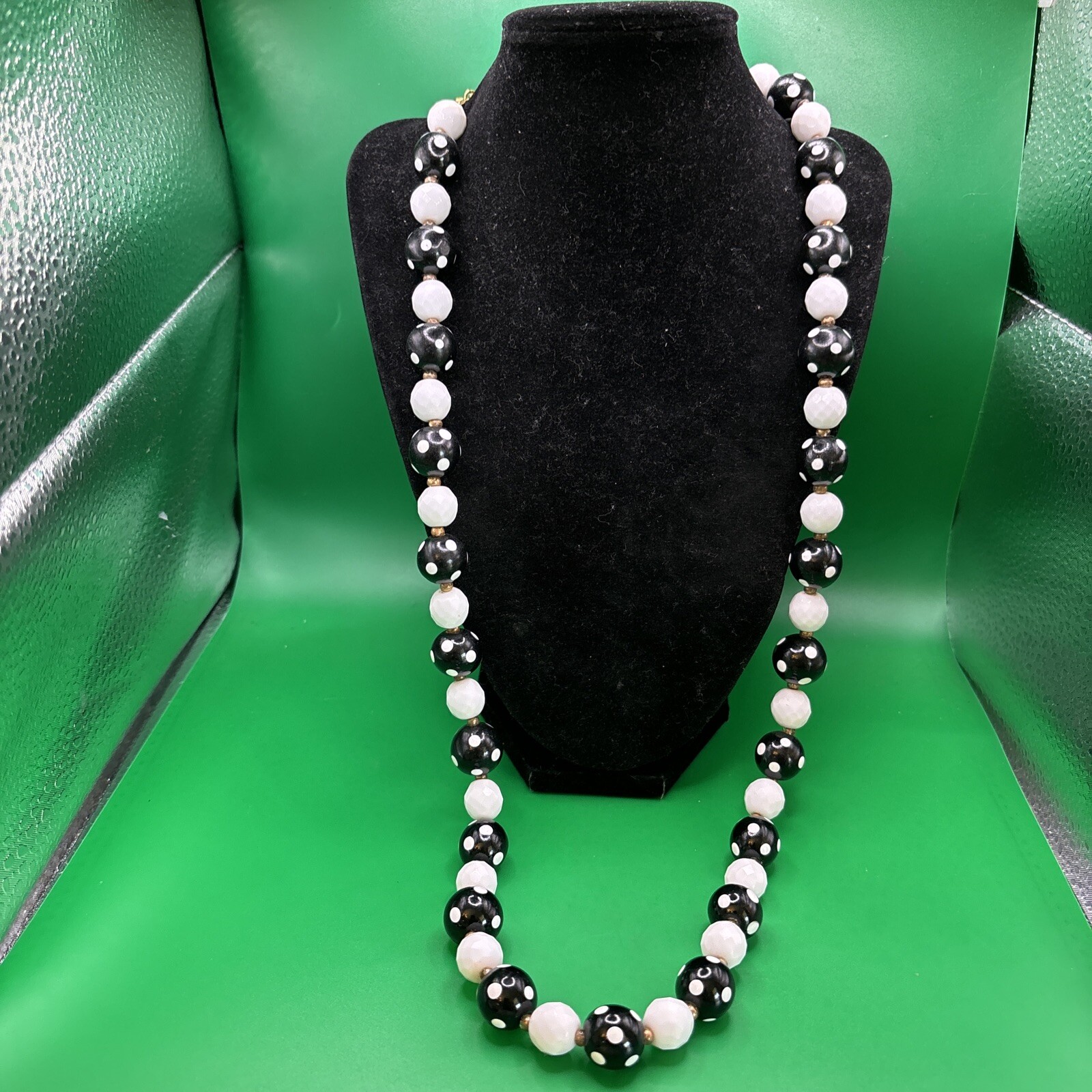 Vintage Signed Joan Rivers White Black Polka Dot Necklace 30-33”