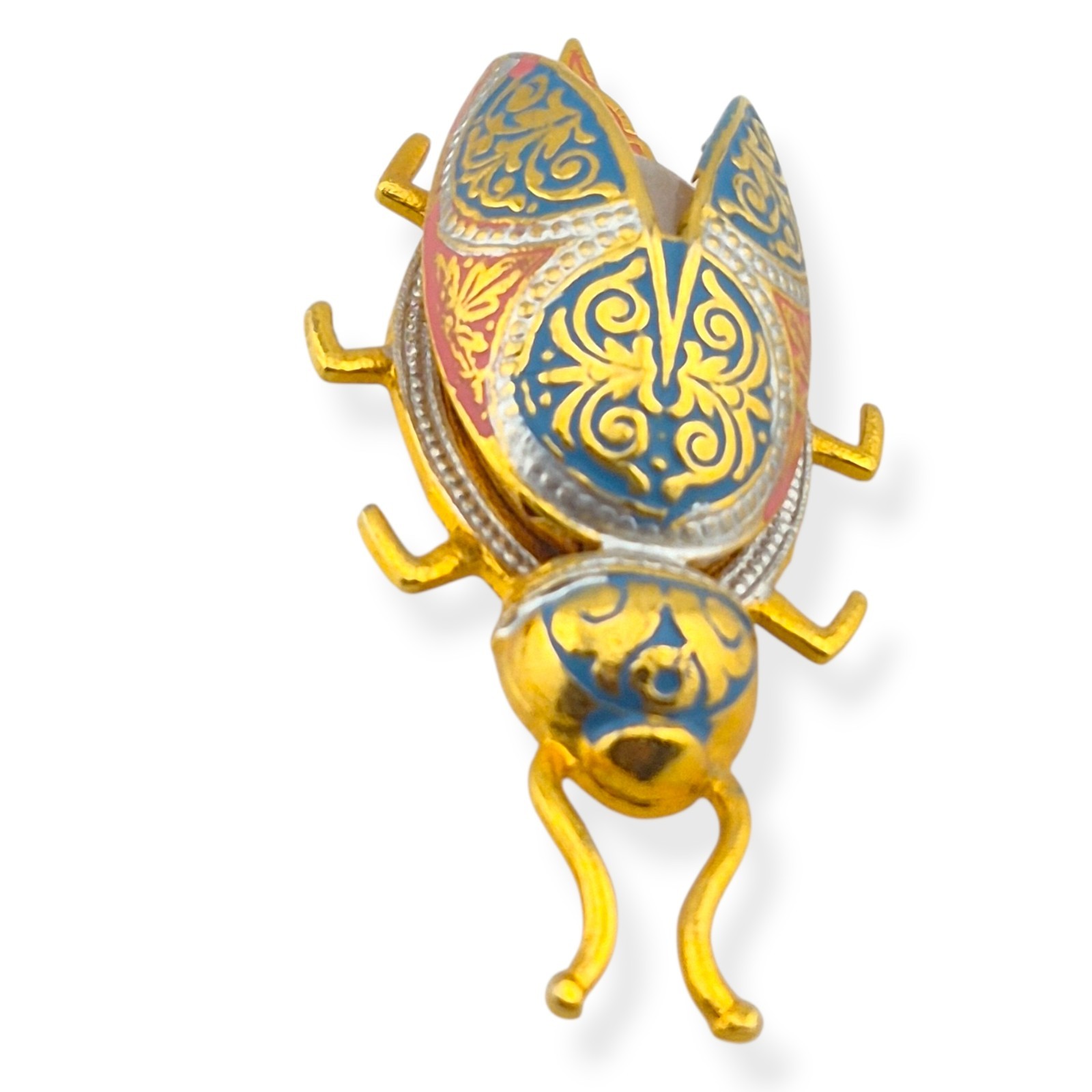 Vintage Spanish Damascene Beetle Bug Brooch Pin Fixed Wings Faux Pearl Spain