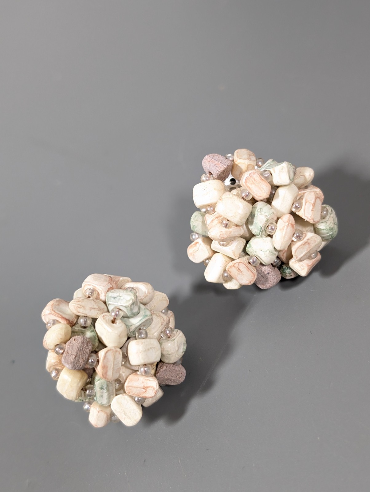 Vintage Pastel Faux Stone Beaded Cluster Round Earrings Pierced Acrylic