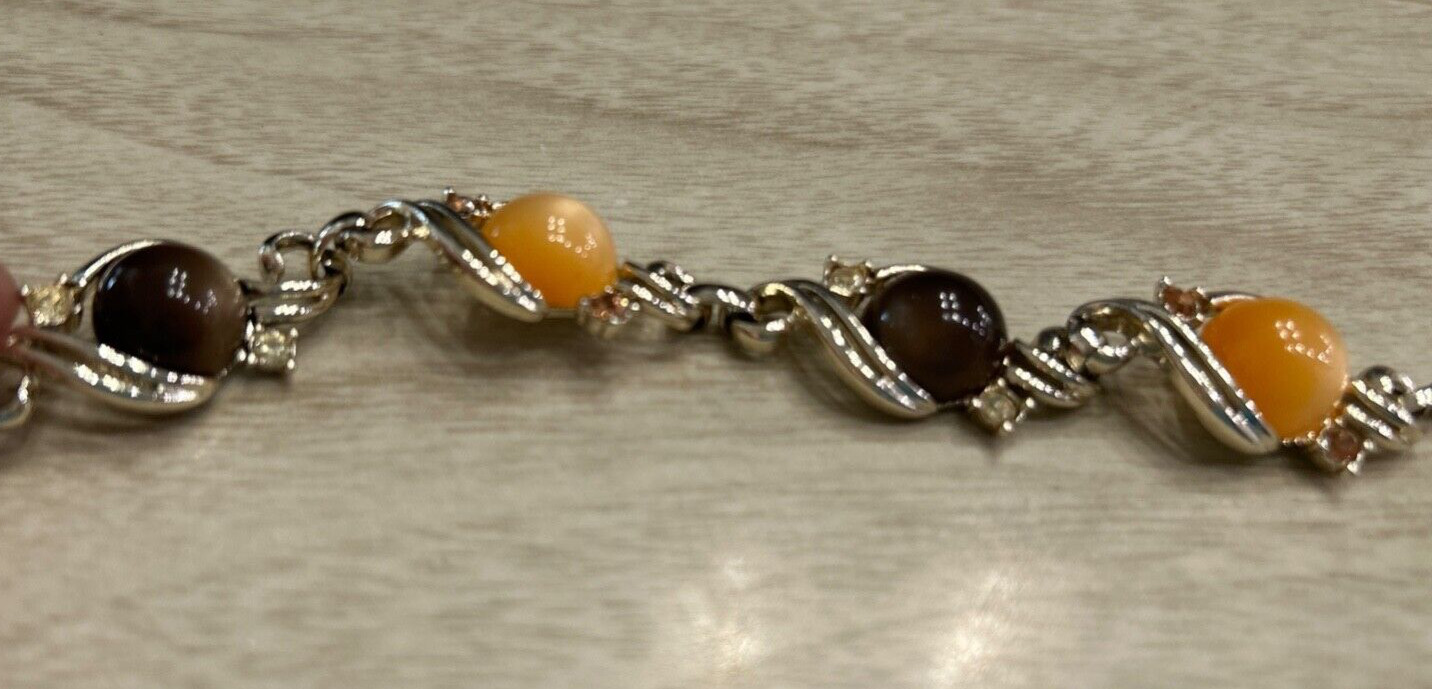 Vintage Peach Brown Moonglow Thermoset Lucite Rhinestone Necklace & Bracelet Set