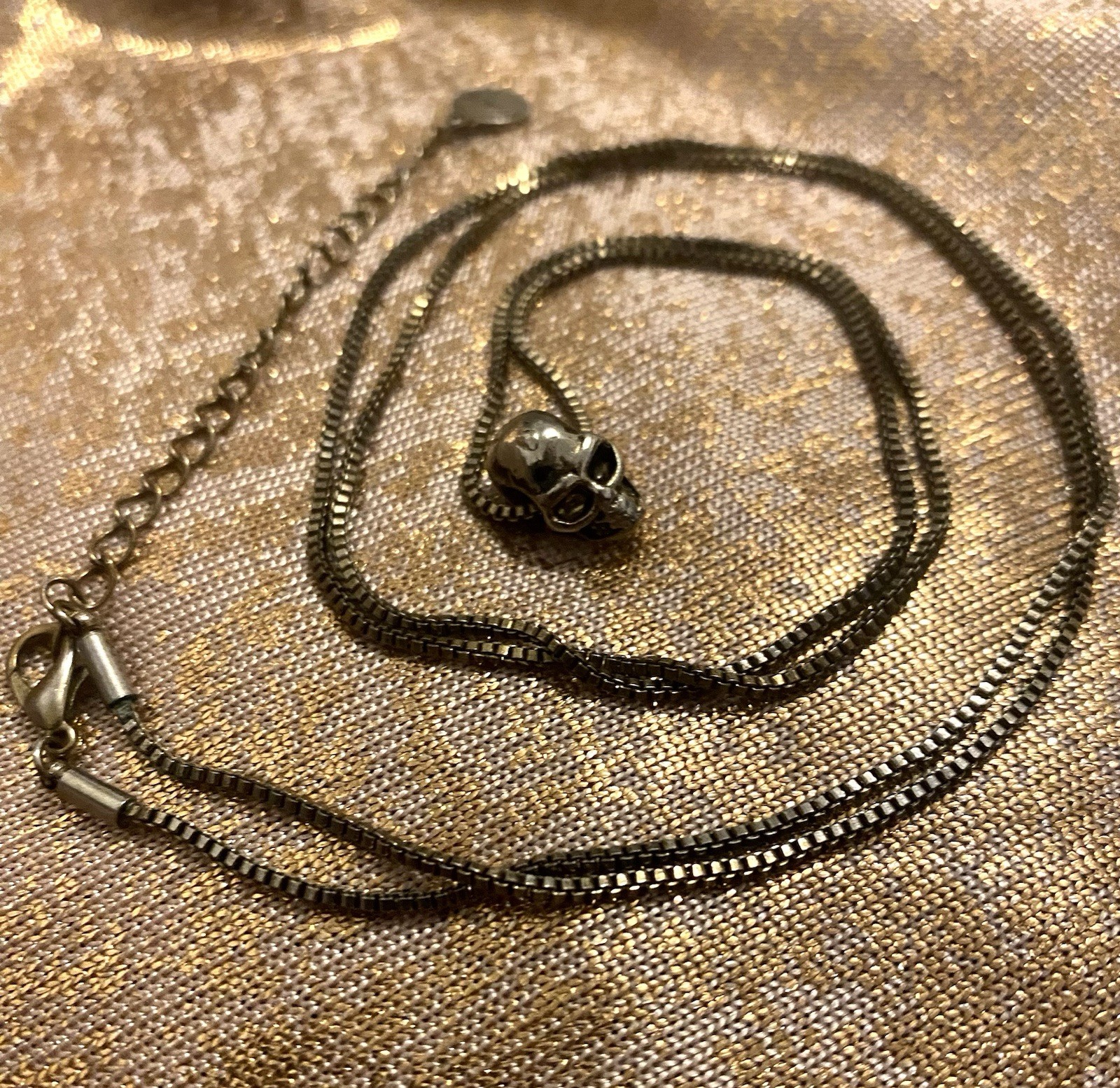 Vintage Vivace Skull Charm Necklace 32.5-35.5” Silver Tone Goth Designer Jewelry