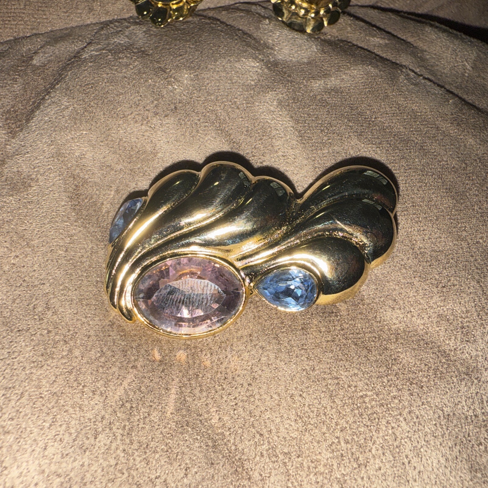 Vintage Brooch And Clip Earring. Purple and blue Stone gold tone Quality B