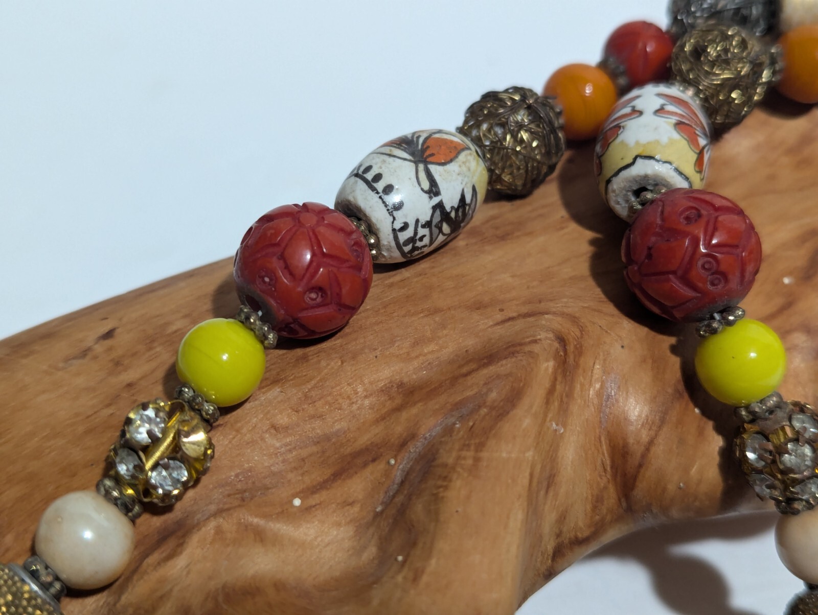 Asian Inspired 34” Long Beaded Necklace Ceramic Beads Rhinestones Wood and Glass