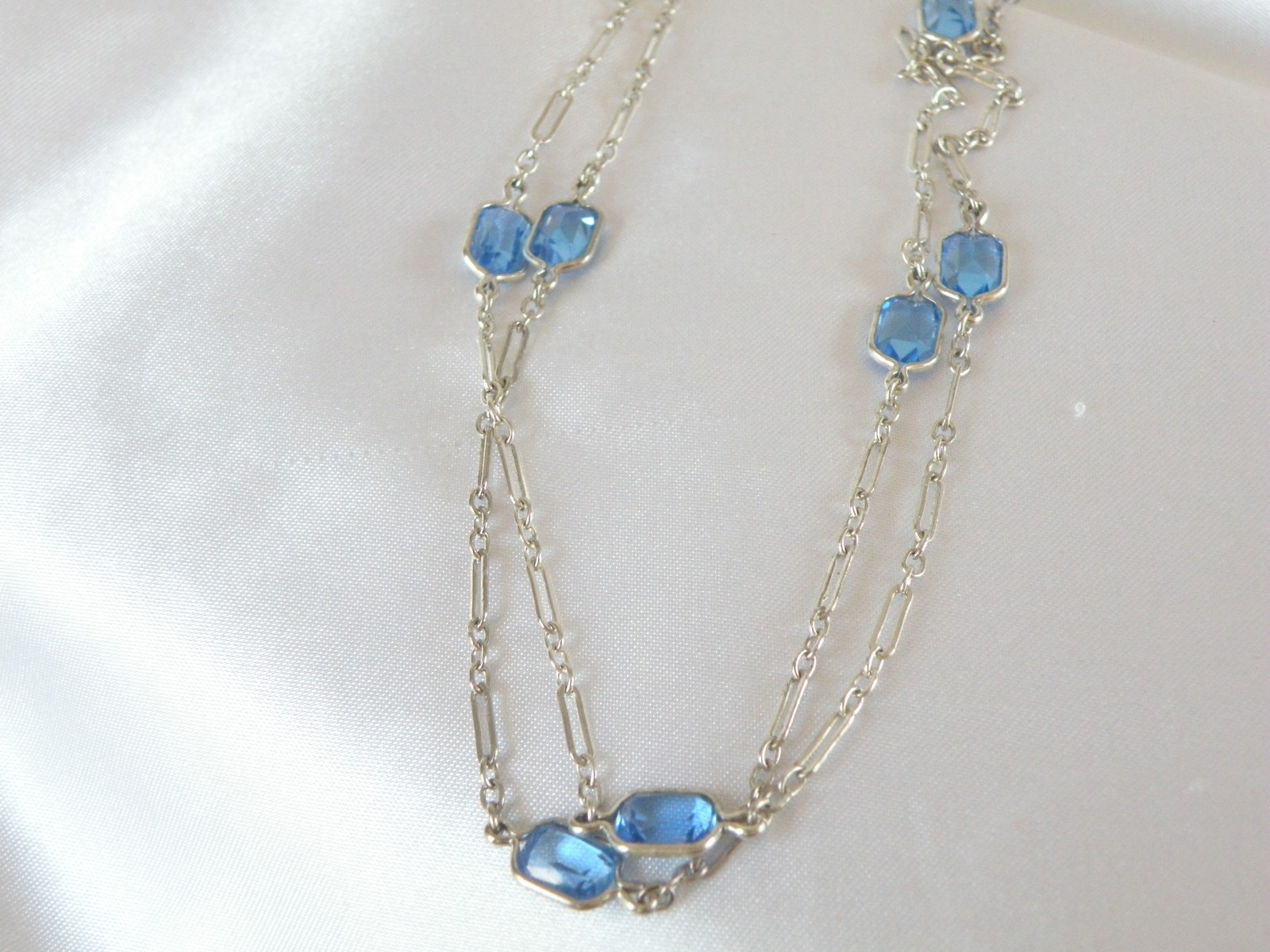 Antique Sterling Silver 925 Blue Gemstone Station Vintage Paperclip Necklace 25″