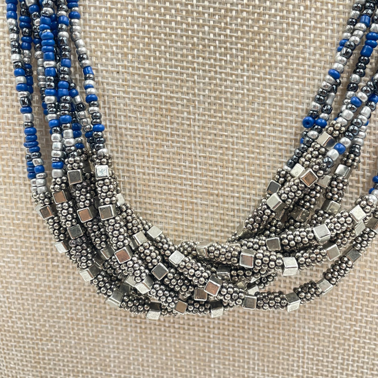 VTG Multi-Strand Seed Bead Necklace Silver Blue Boho Statement Bib Layered Long