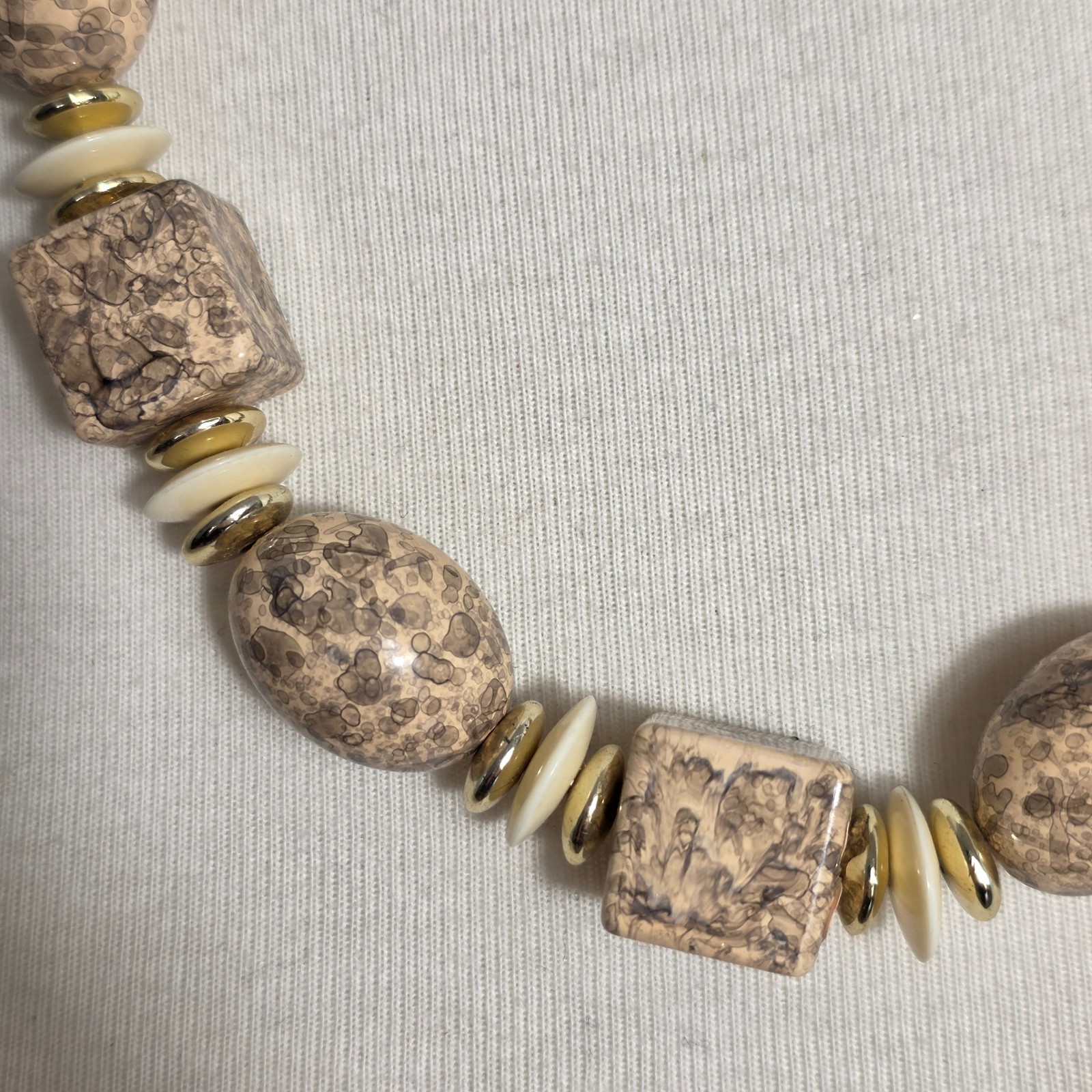 Beaded Statement Necklace Square & Round Beads Flat Gold & White Spacers