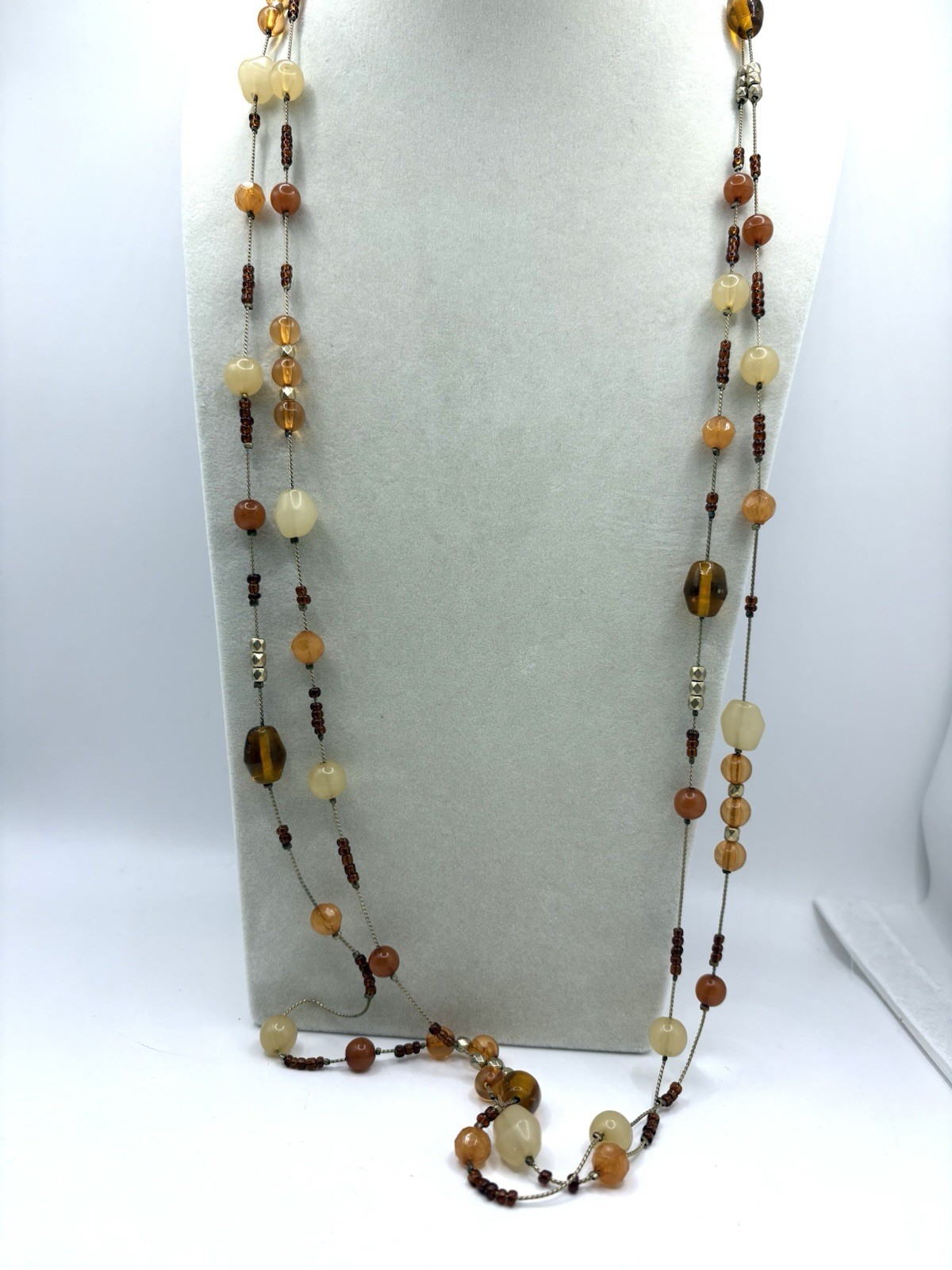 Amber & Honey Colored Glass Gold Tone Stationed Long Necklace By Designer VCLM