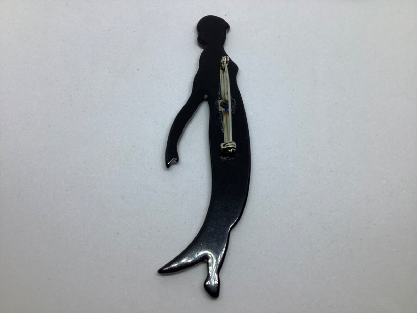 Vintage Lucite Brooch Pin Flapper Lady Black Clear Rhinestones Large 4 inch