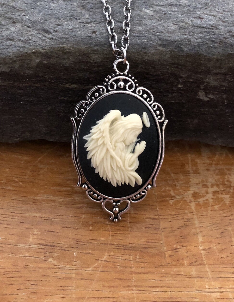Vintage Praying Guardian Angel Cameo Pendant Necklace, Antique Silver plated