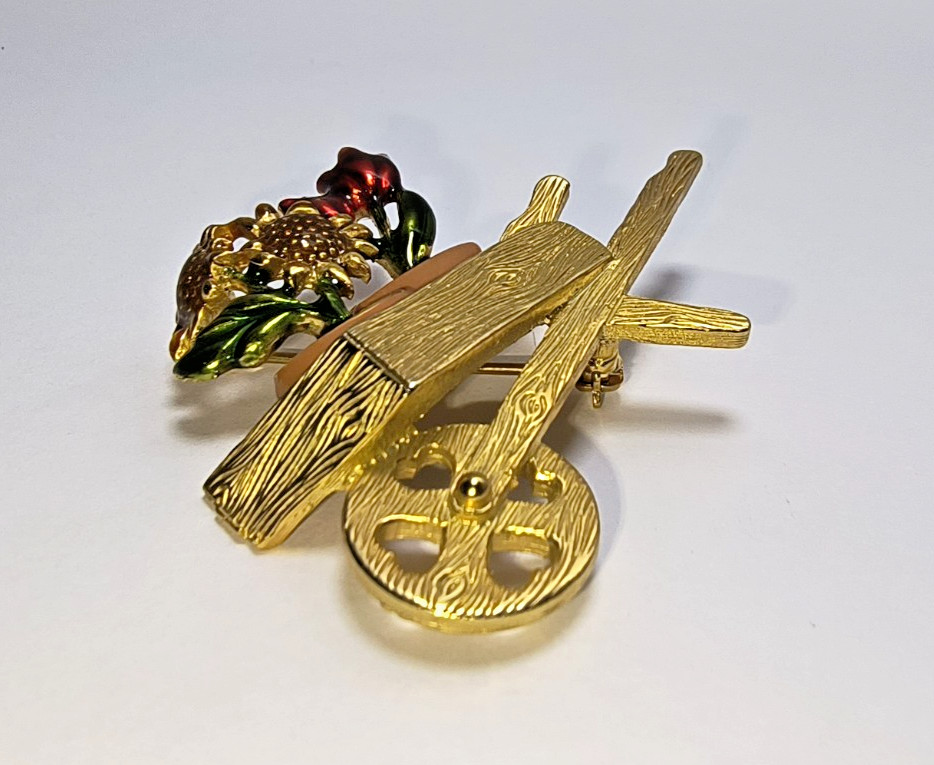 Vintage Gold Tone Wheelbarrow Flower Brooch Enamel Floral Garden Pin