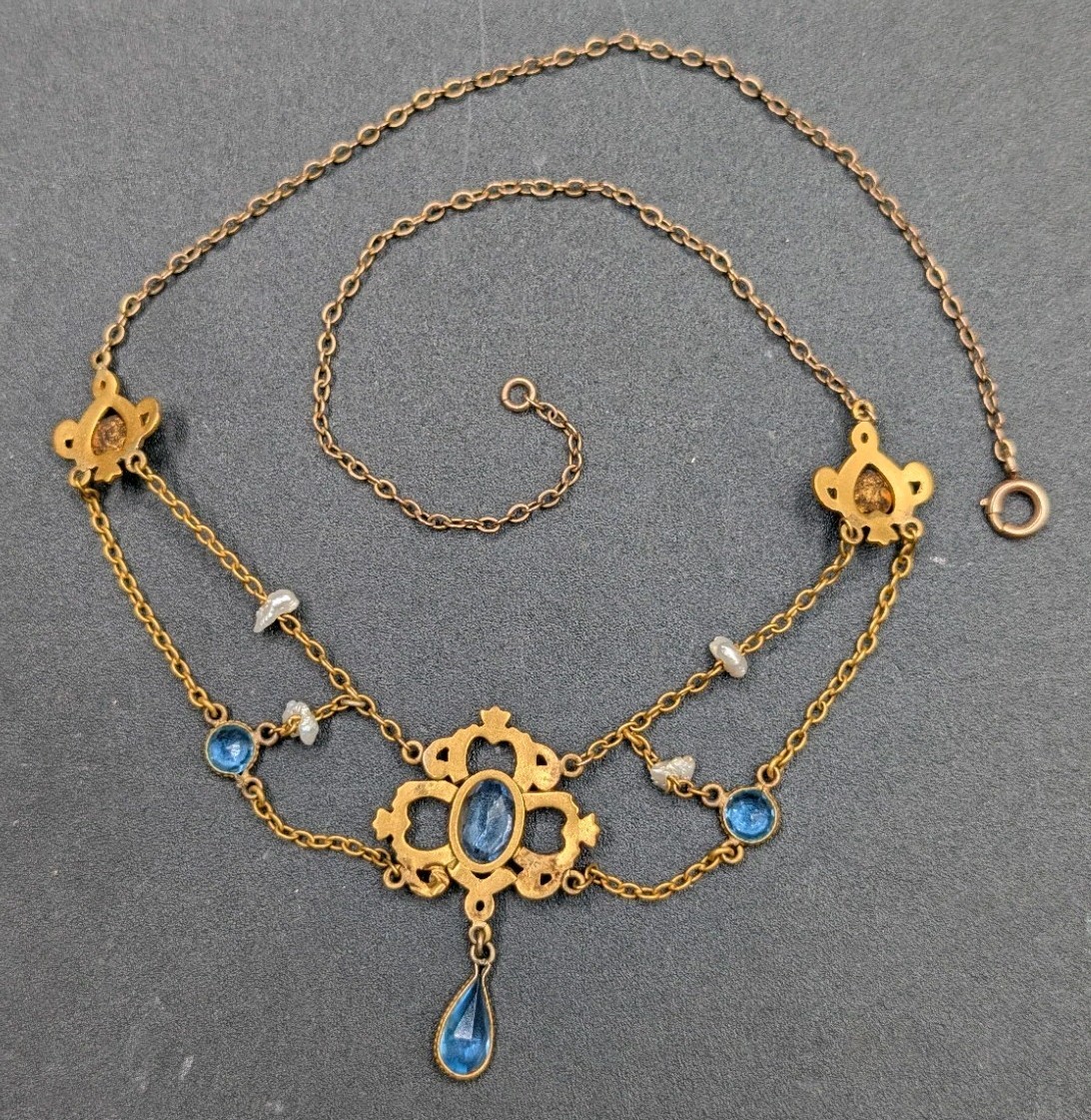 AMAZING Art Nouveau Era Festoon Blue Glass Pearl Antique Vintage Necklace 16″