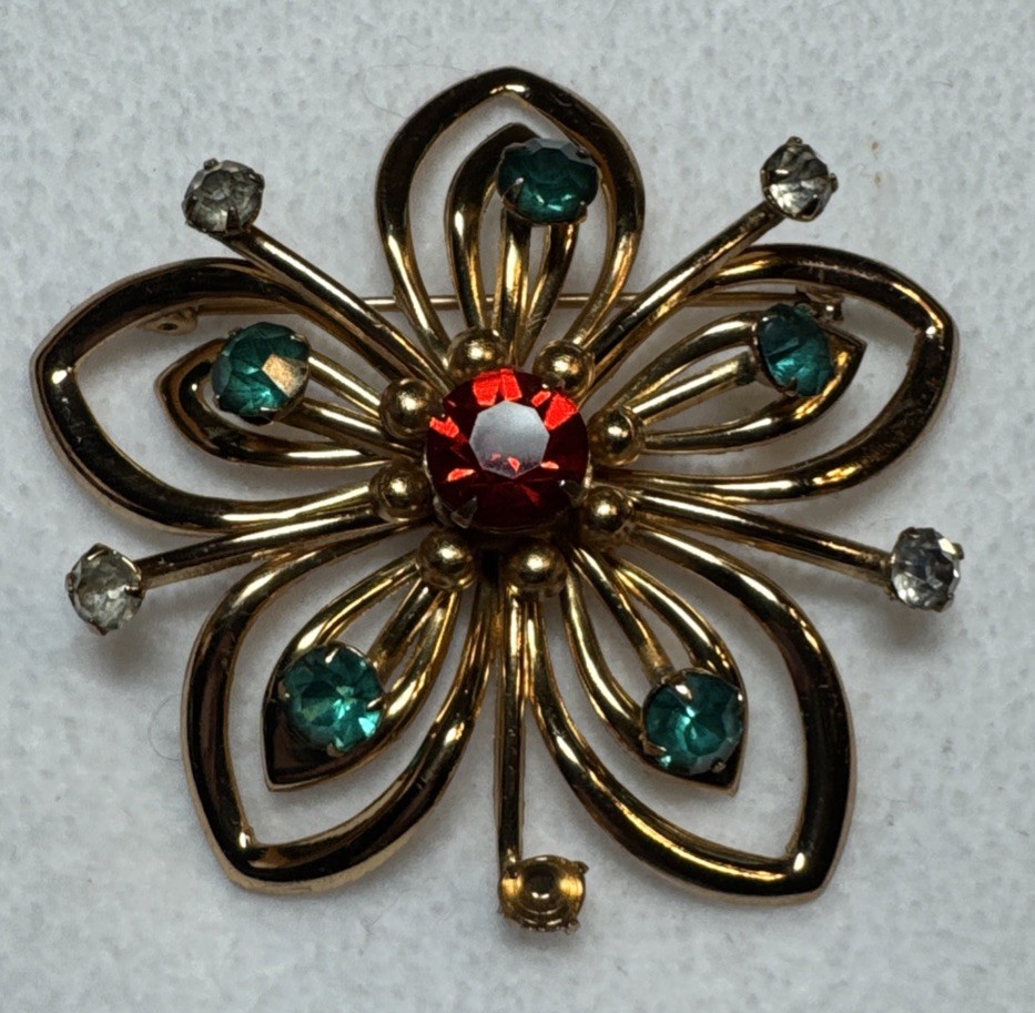 Vintage Coro, Brooks & Unbranded Brooch Lot of 6 Gold Tone Crystals Rhinestones