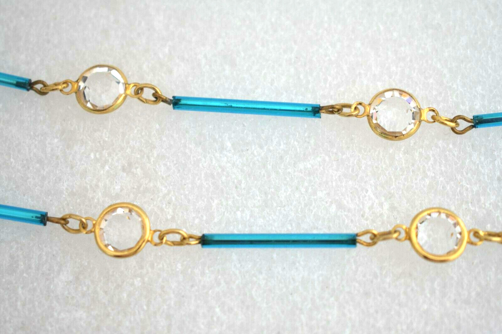 Vintage Austrian Crystal USA Long Beaded Necklace 36″ Rare Tube Beads Teal Blue