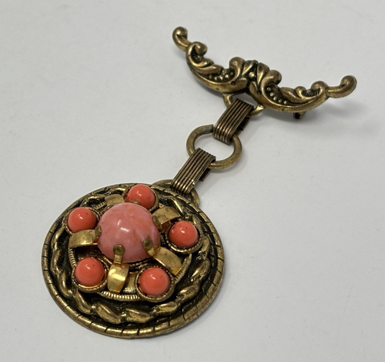 Vintage Etruscan Revival Style Book Chain Dangle Brooch Pin Faux Coral Cabochon