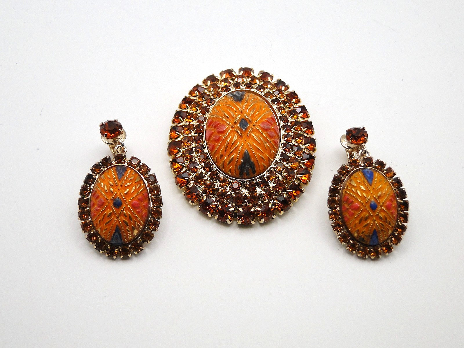 Vintage Moroccan Orange Molded Glass & Rhinestone Set in Gold Plate Jewelry Set