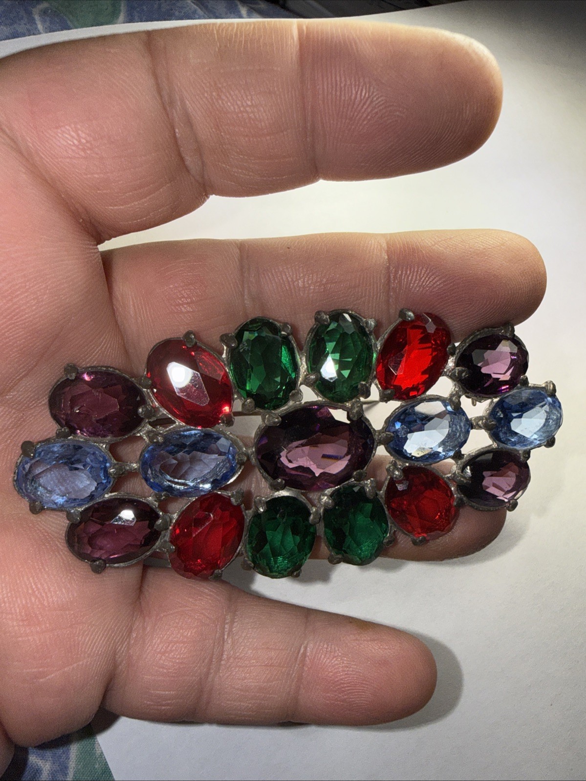 Pin Brooch Czech Art Deco Fruit salad Pot Metal 3.5” Open Back Stones Antique