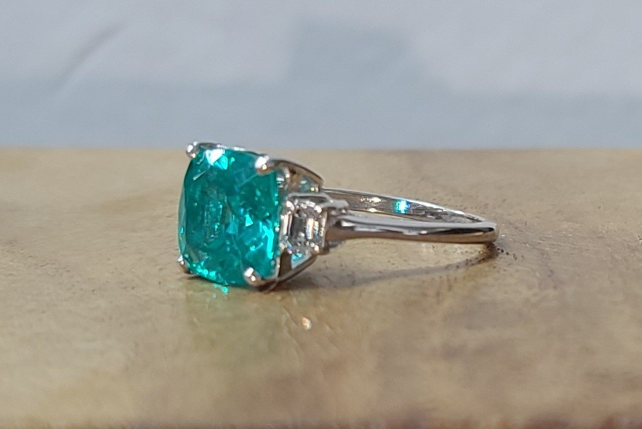 14k White Gold Engagement Ring 4.75CT. Lab-grown Paraiba Tourmaline Cushion Cut