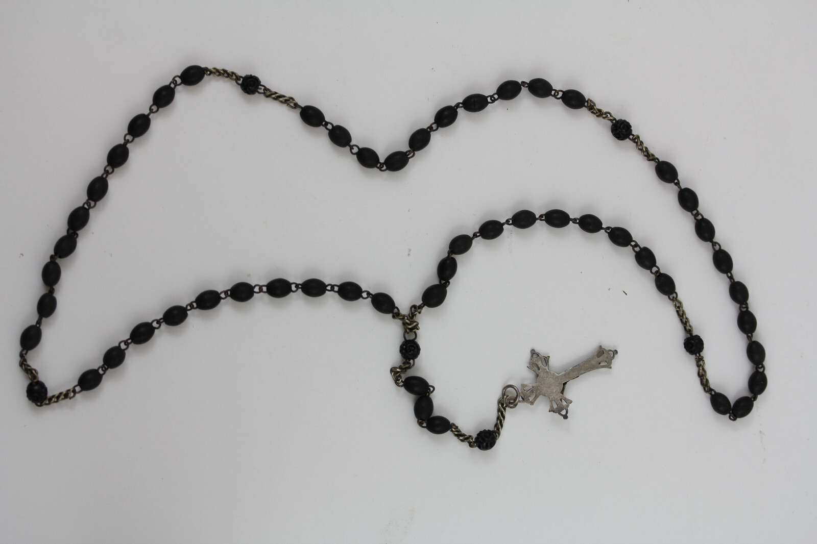 ANTIQUE ROSE ROSARY BEADS CROSS CRUCIFIX STERLING SILVER CHAIN 925 PRAYER