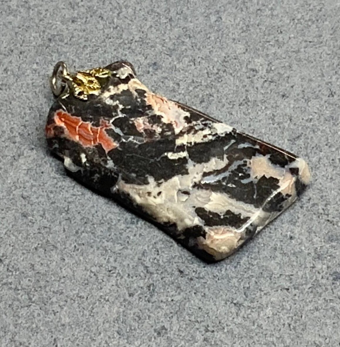 Marbled Stone Pendant 2 In Organic Shaped Silver Findings Black Gray White Red