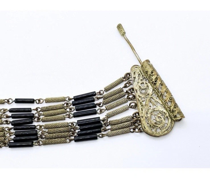 Vintage Multi Strand Wire Wrap Bracelet Filigree Black Tube Bead Metalwork 6.4”
