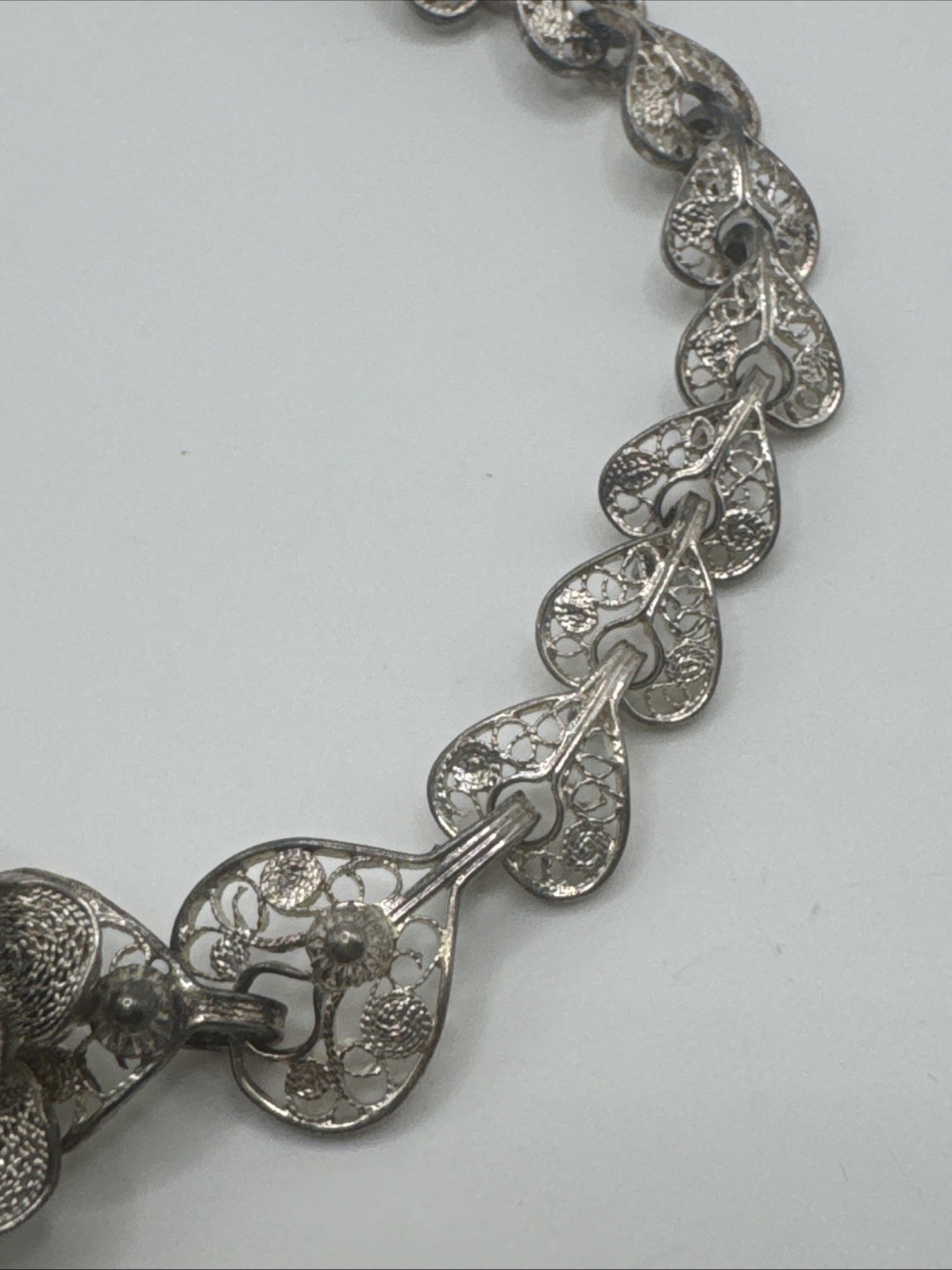 ANTIQUE FILIGREE FLOWERS AND HEARTS STERLING SILVER BRACELET