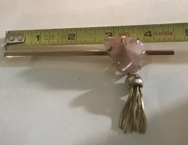 Stunning Vintage Gold Tone Genuine Rose Quartz Long Bar Brooch Pin