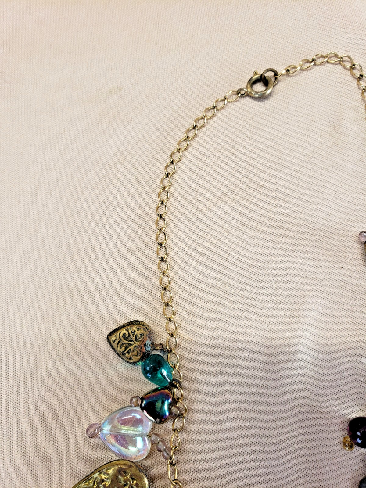 Vintage Ornate Hearts and Glass Charms Necklace Glass Works Studio Style AS IS