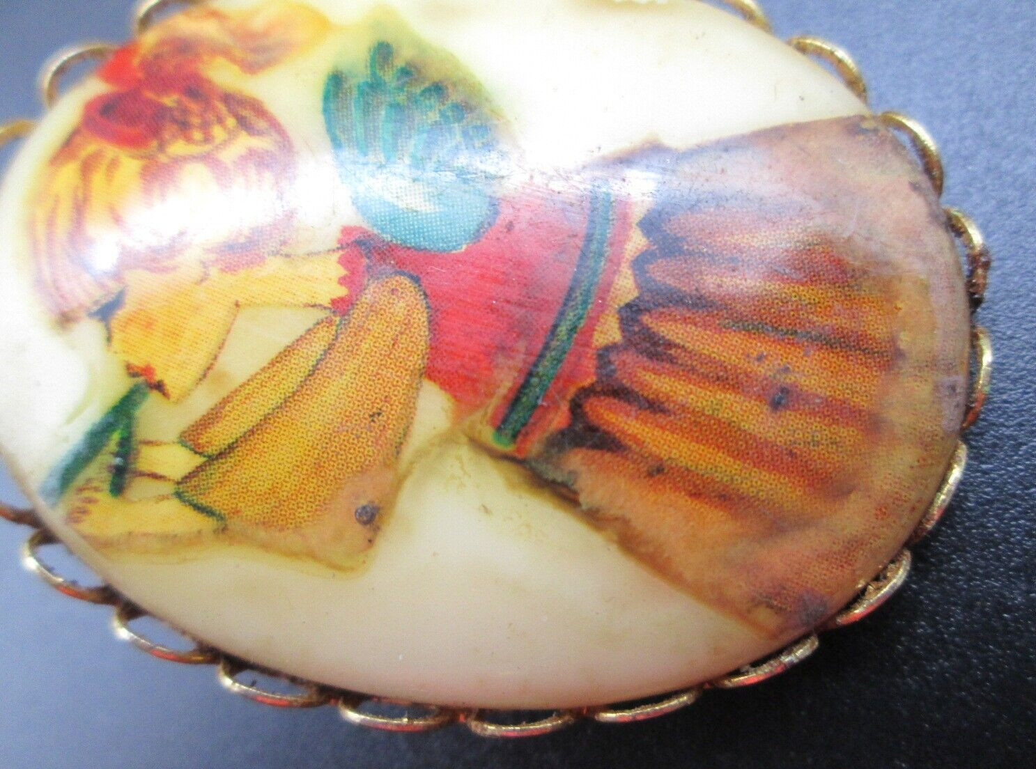 Angel Holiday Painted Porcelain Brass Portrait Brooch Pin Estate *Corrosion Back