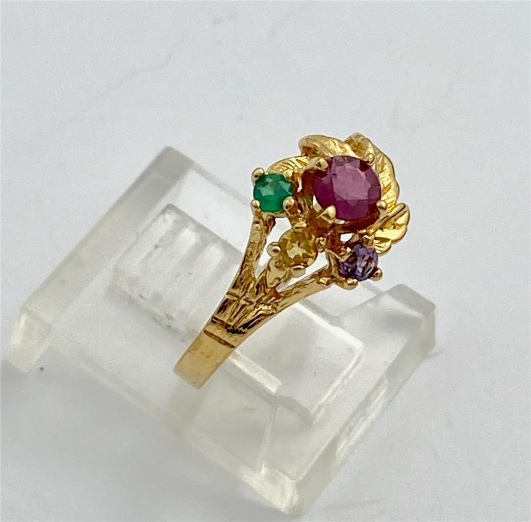 Vintage Red, Green, Purple & Yellow Gem Stones Gold Tone Ring Size 5