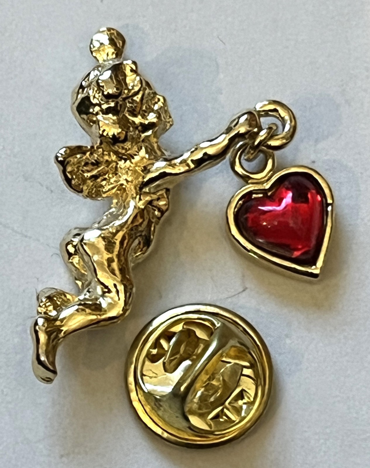 Vintage Shiny Gold-tone Guardian Angel Dangling Red Heart Brooch Pin.