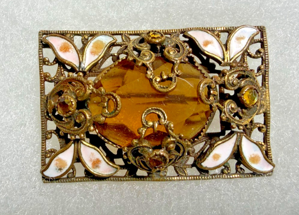 Vintage Brass Filigree Faux Topaz Brooch