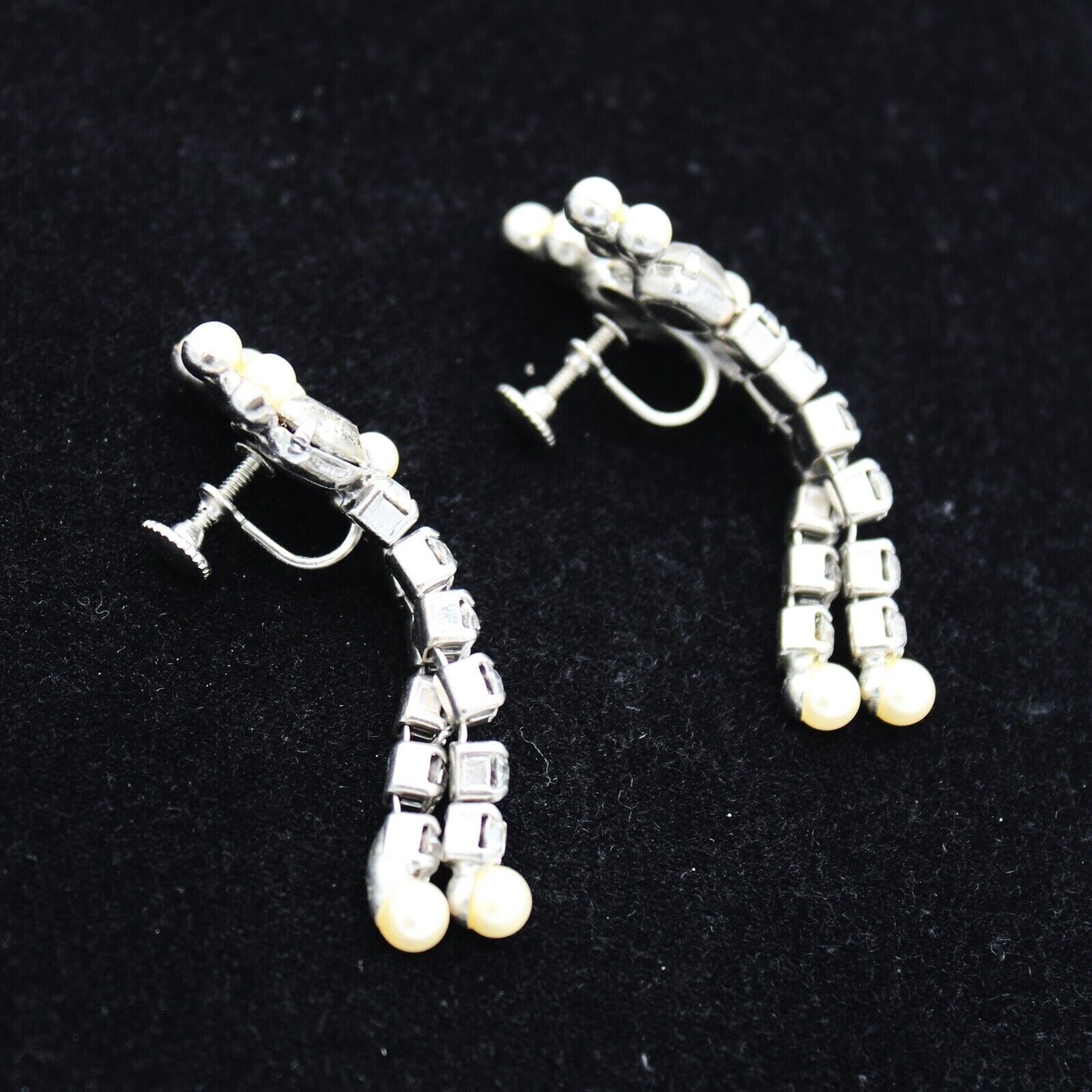 Rhinestone & Faux Pearl Drop Dangle Earrings 1950s Silver Tone