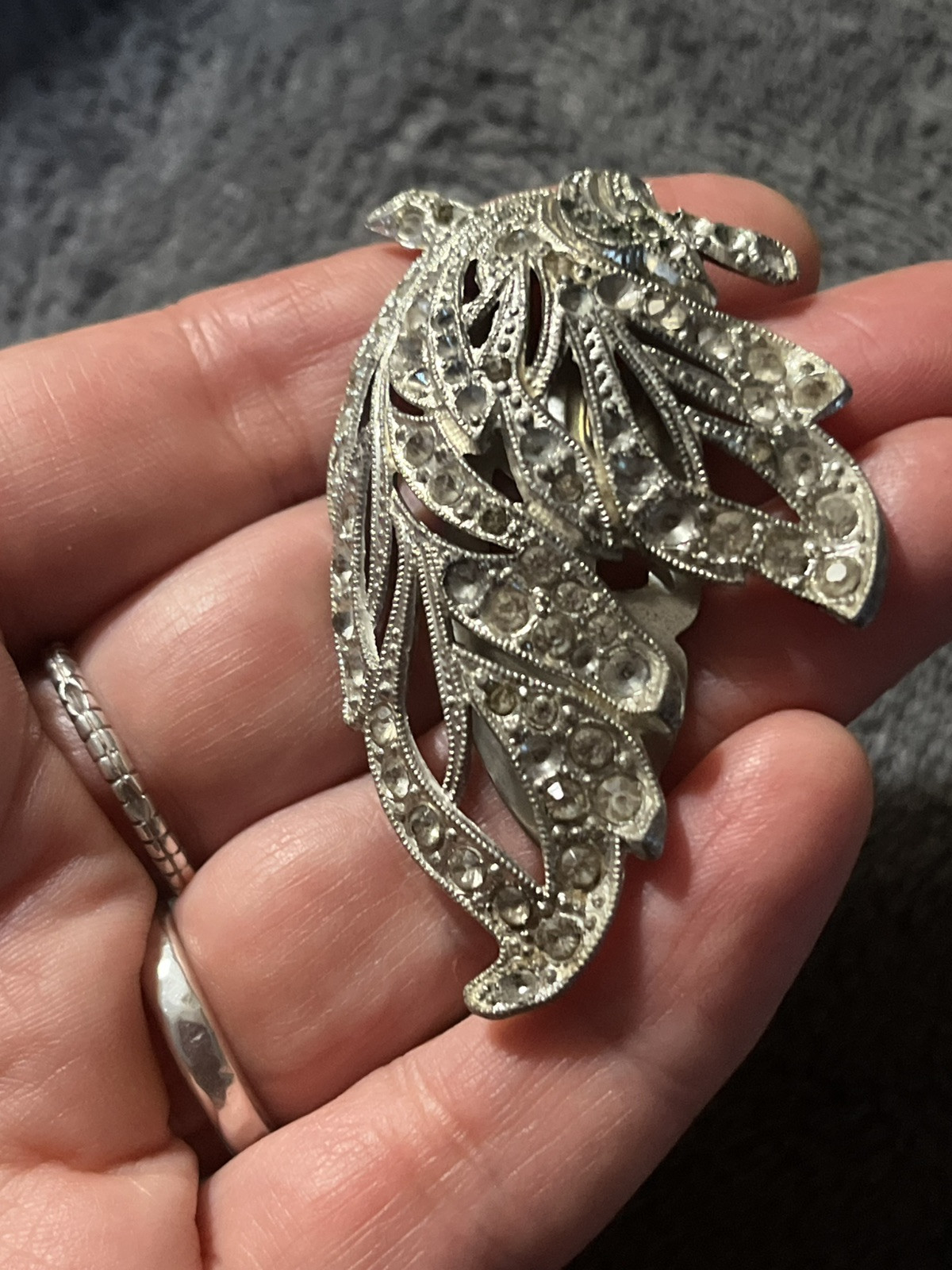 Vintage Filigree Hinged Brooch Scarf Signed NE New England Glass Works Crystal