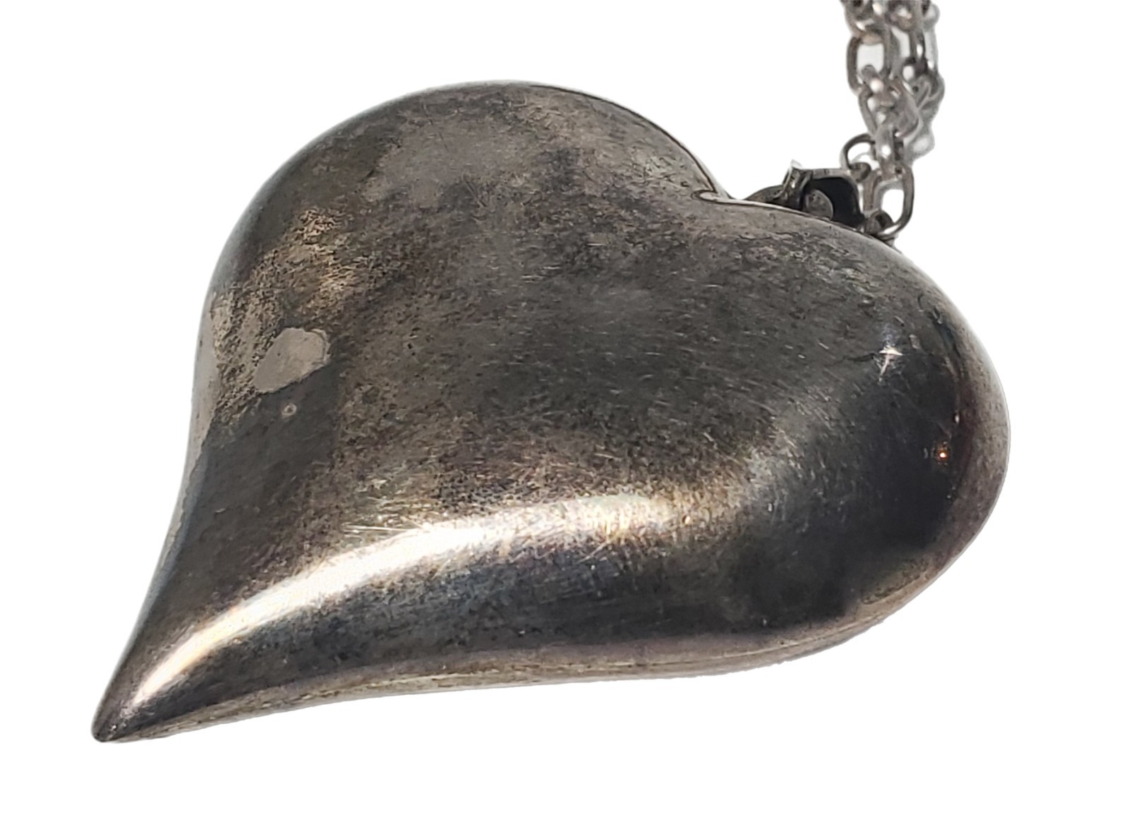 Vtg Sterling Silver 1¾” Puff Heart Necklace W/ Oval Chain Link Overhead Patina