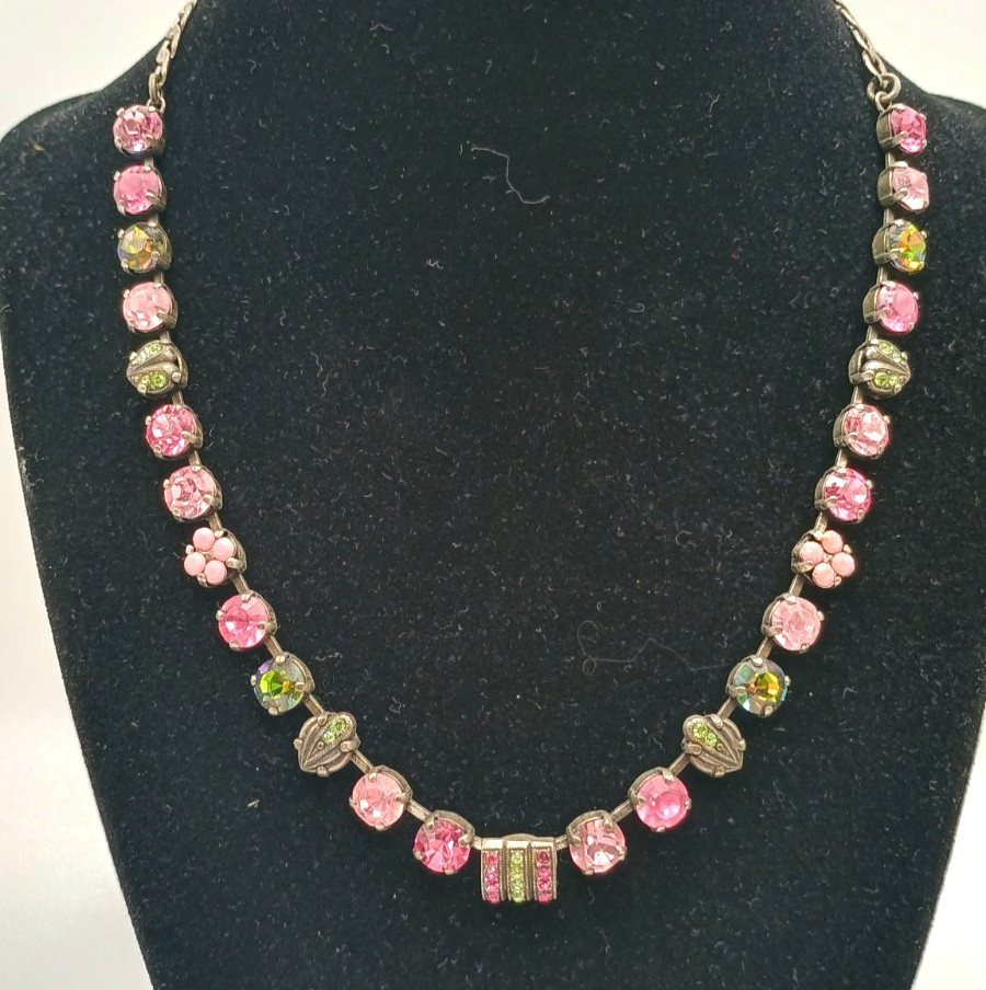Vintage Mariana Swarovski Crystal Necklace Pink Green Silver Tone Israel