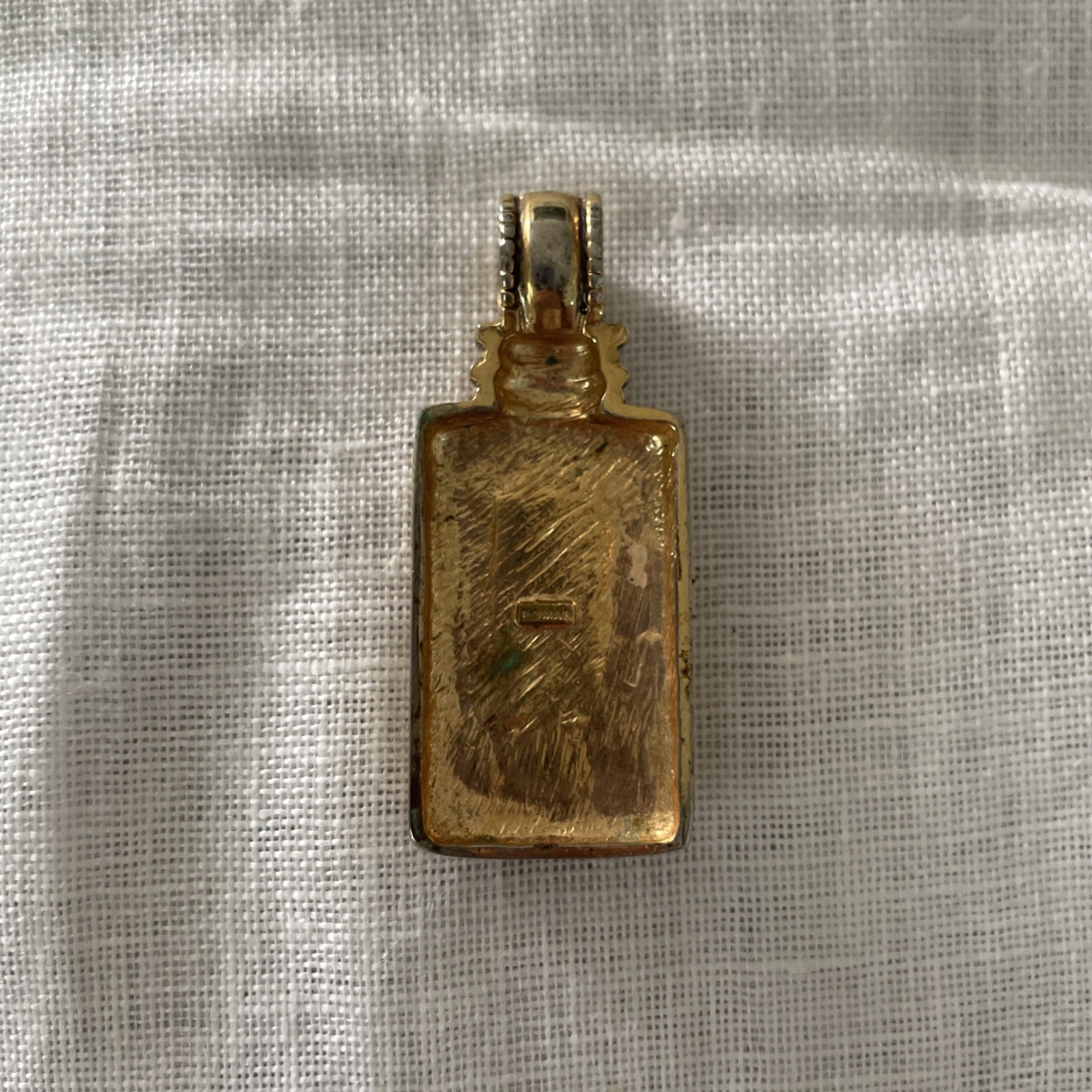 Vtg Roman Unikite Green Pink Stone W Beaded Frame Goldtone Pendant