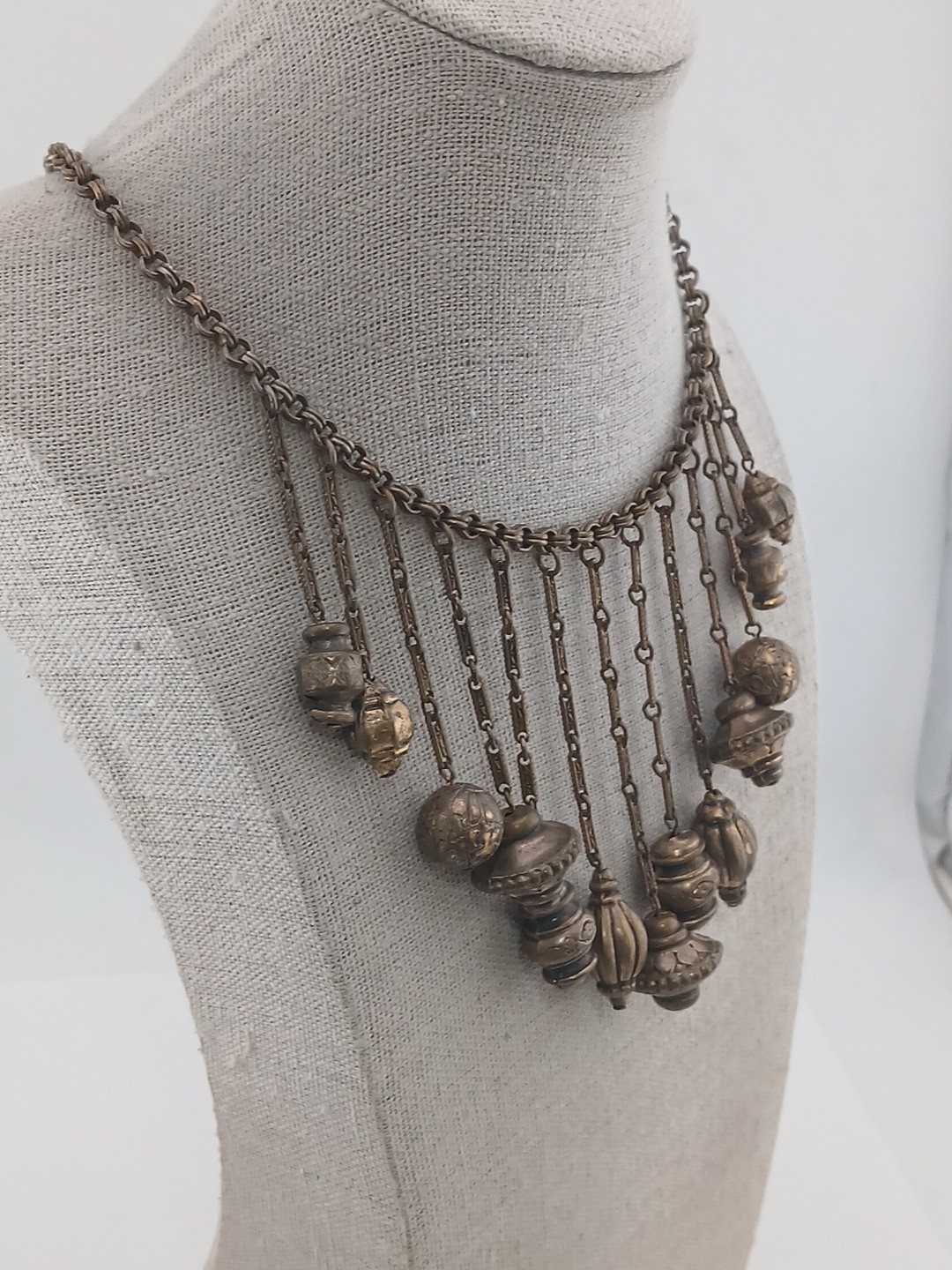 Victorian Revival Russian Gold Festoon Bib Dangling ribbed orbs Collar necklace