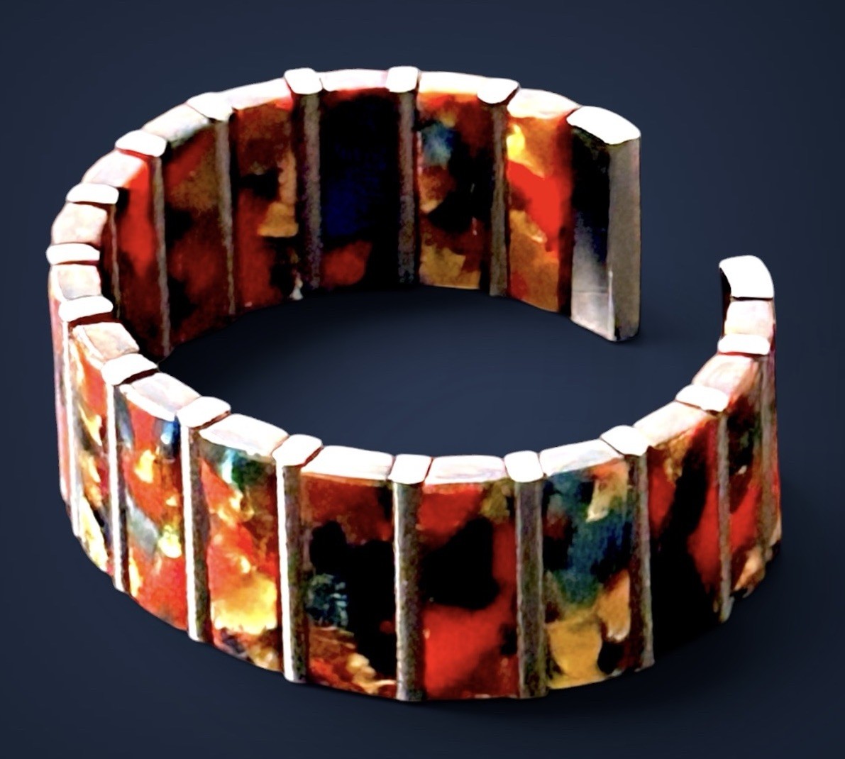 Vintage Acrylic Stretch Cuff Bracelet Marbled Red Gold Blue Silver Tone Bars Y2K