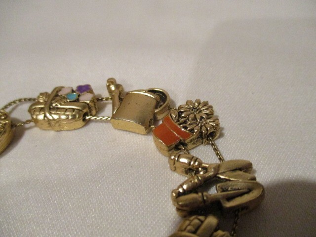 Vintage Brass & Enamel Gardening Slide Bracelet 7 1/4″ L x 3/4″ W