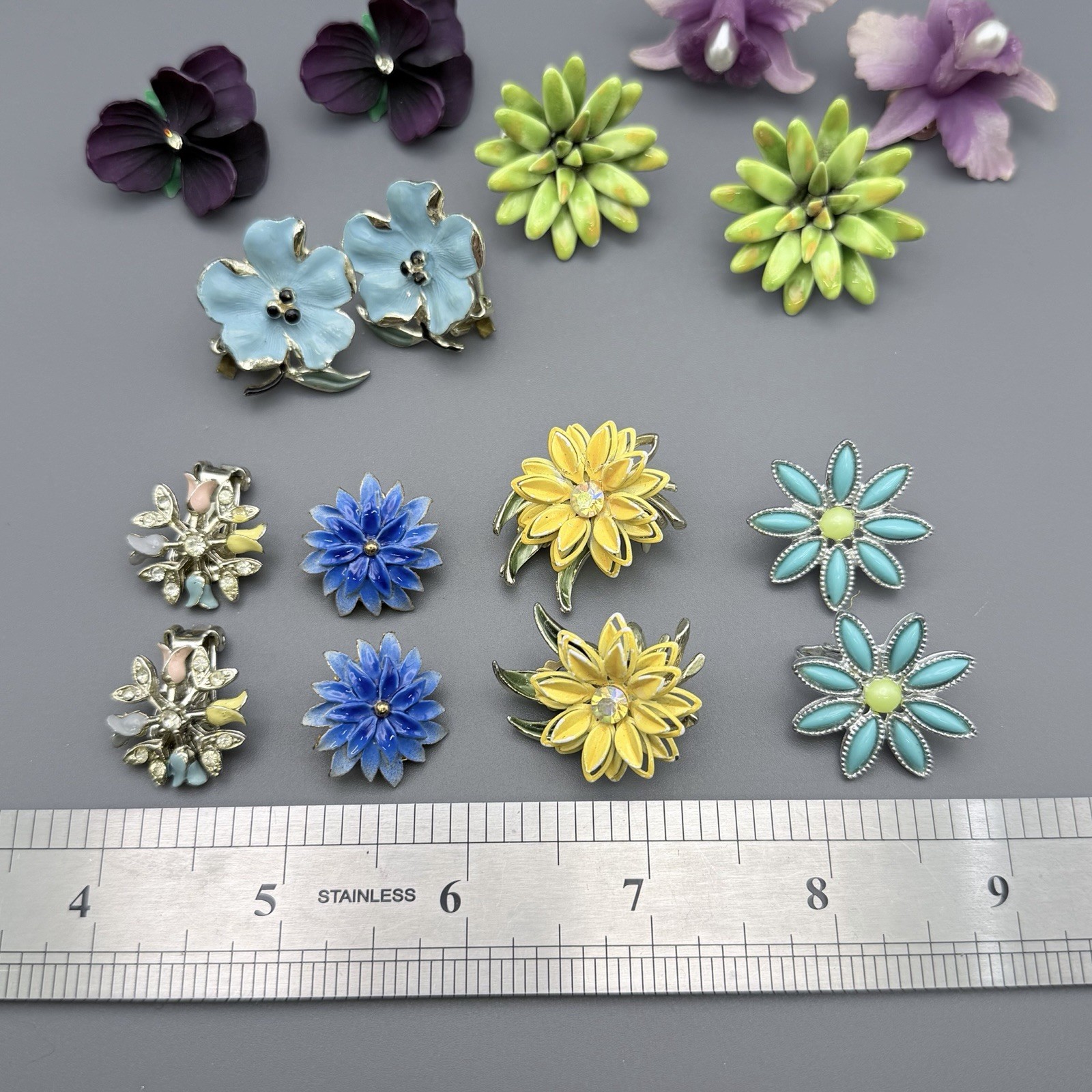 Vintage Flower Clip On Earrings Floral Lot Of 8 Orchid Pansies Tulip Multi Color