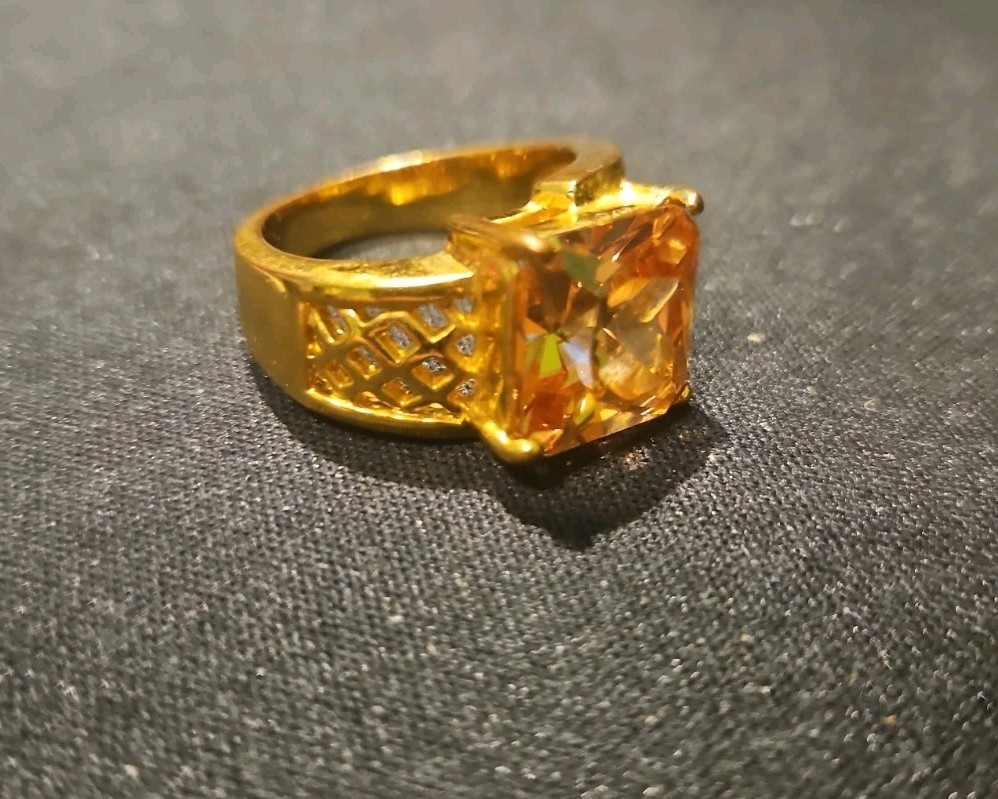 Gold Tone Lattice Statement Ring Amber Orange Citrine CZ Emerald Cut Size 8