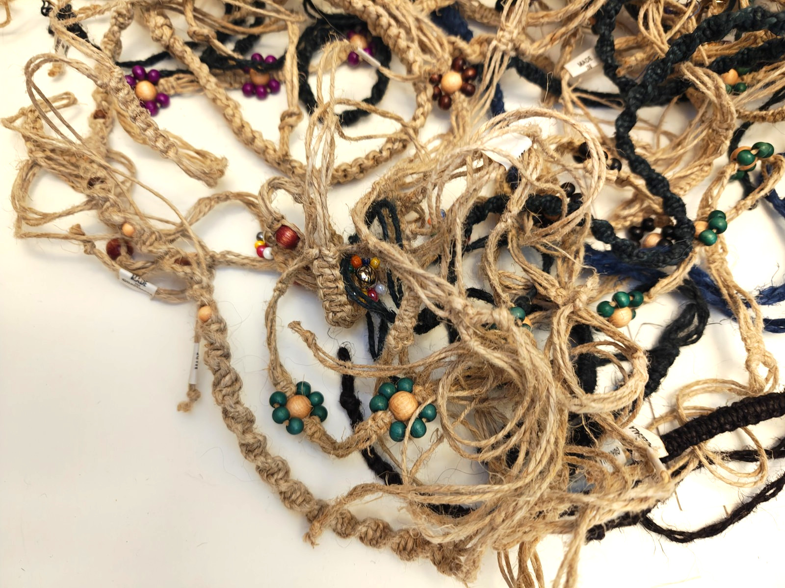 VINTAGE LOT OF HEMP BRACELETS, ANKLETS, NECKLACES; DARK & LIGHT; 1980’S NEW! #1