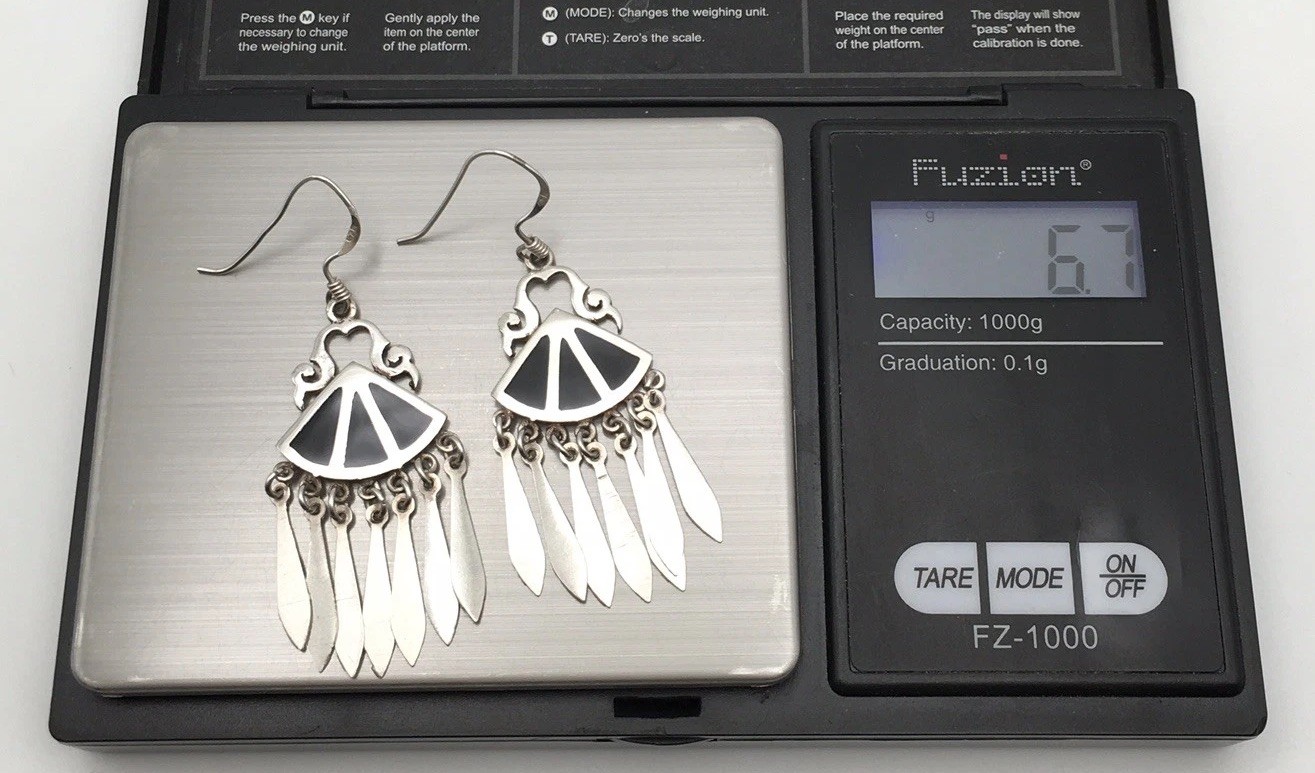 Vtg Sterling Silver Southwestern Black Inlay Dangle Earrings Marked 925 6.7g #41