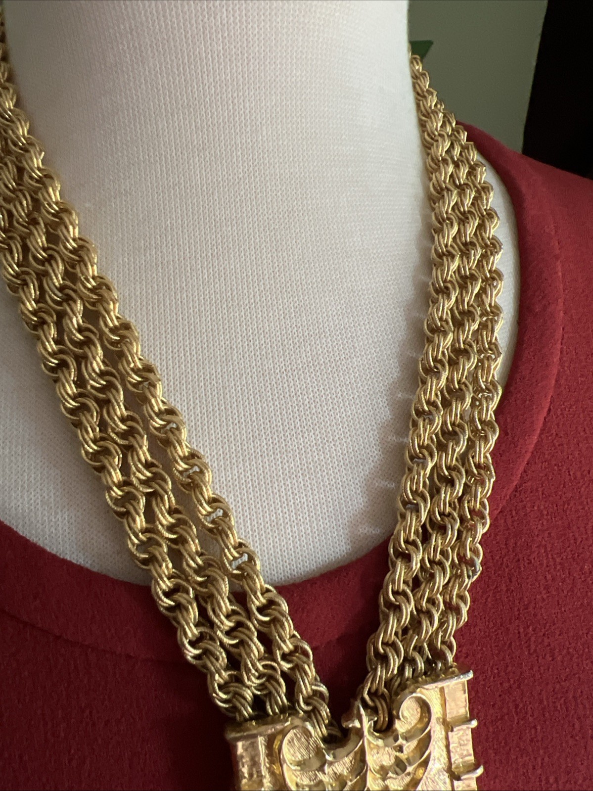 French Couture Gold Plate Etruscan Lariat Statement Necklace