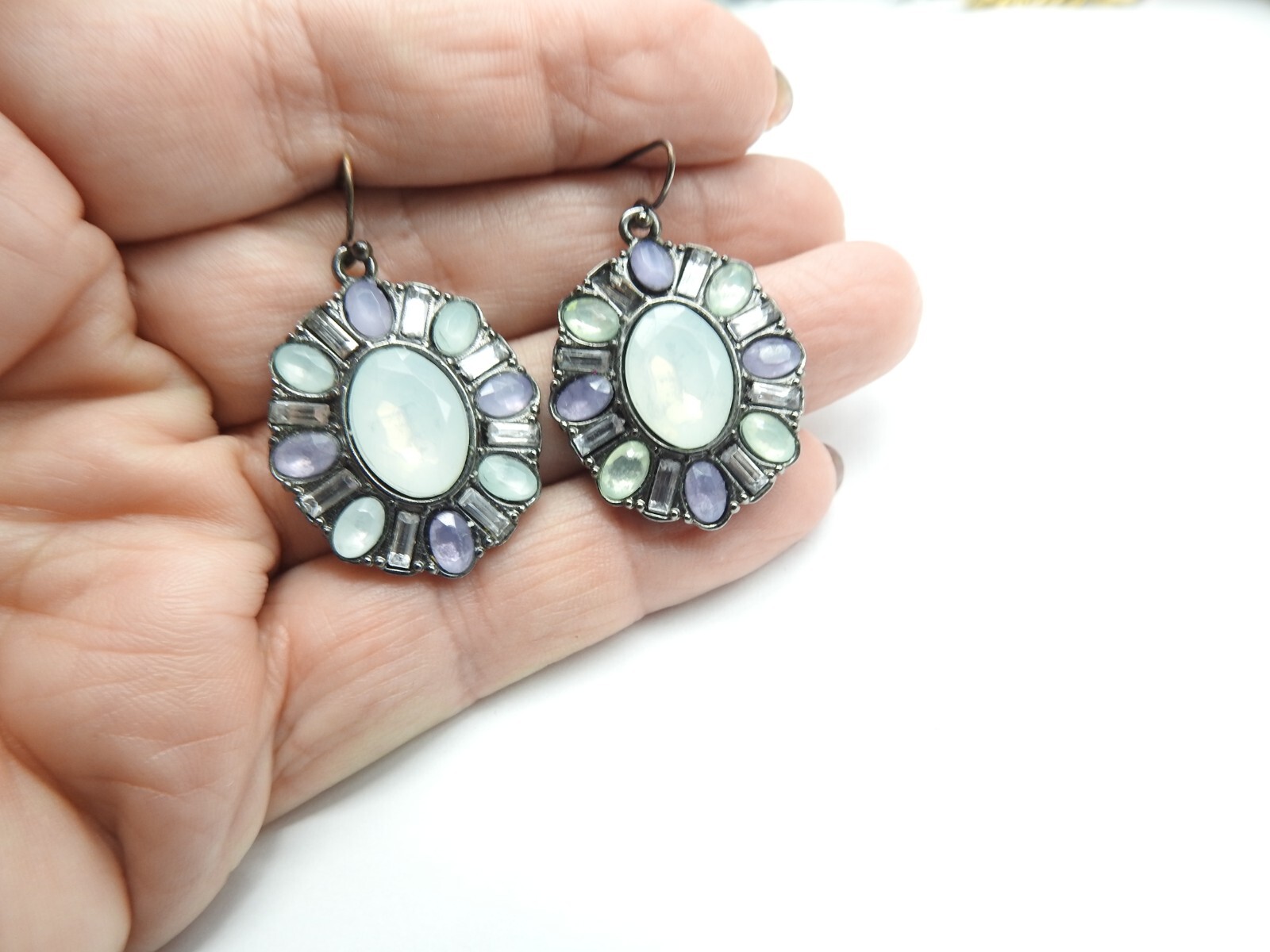 Purple Green White Opalescent Acrylic Rhinestone Dangle Pierced Earrings Vintage